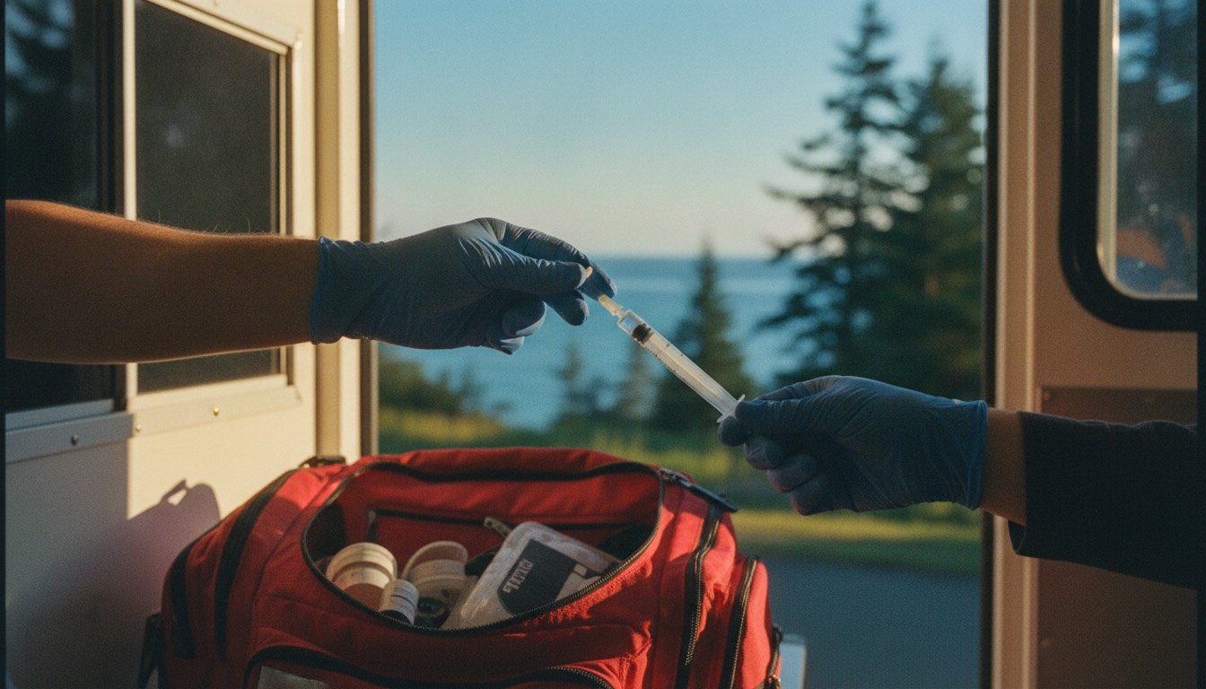 One gloved hand passing a syringe to another in the back of an ambulance