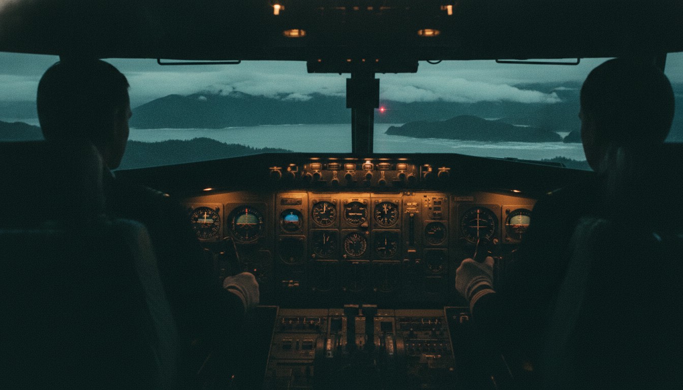 Two pilots at the controls of an airliner at dusk, analog gauges glowing