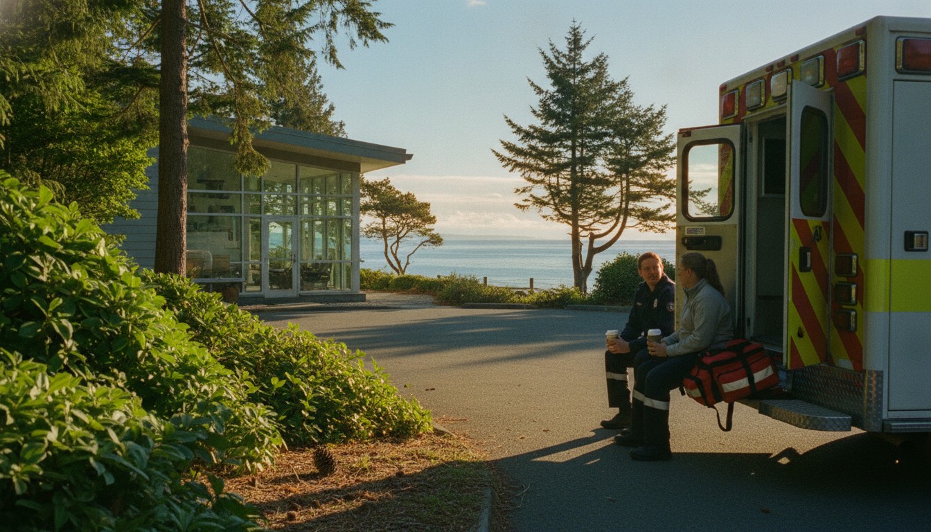 Two paramedics with coffee cups talking on the rear step of an ambulance at golden hour