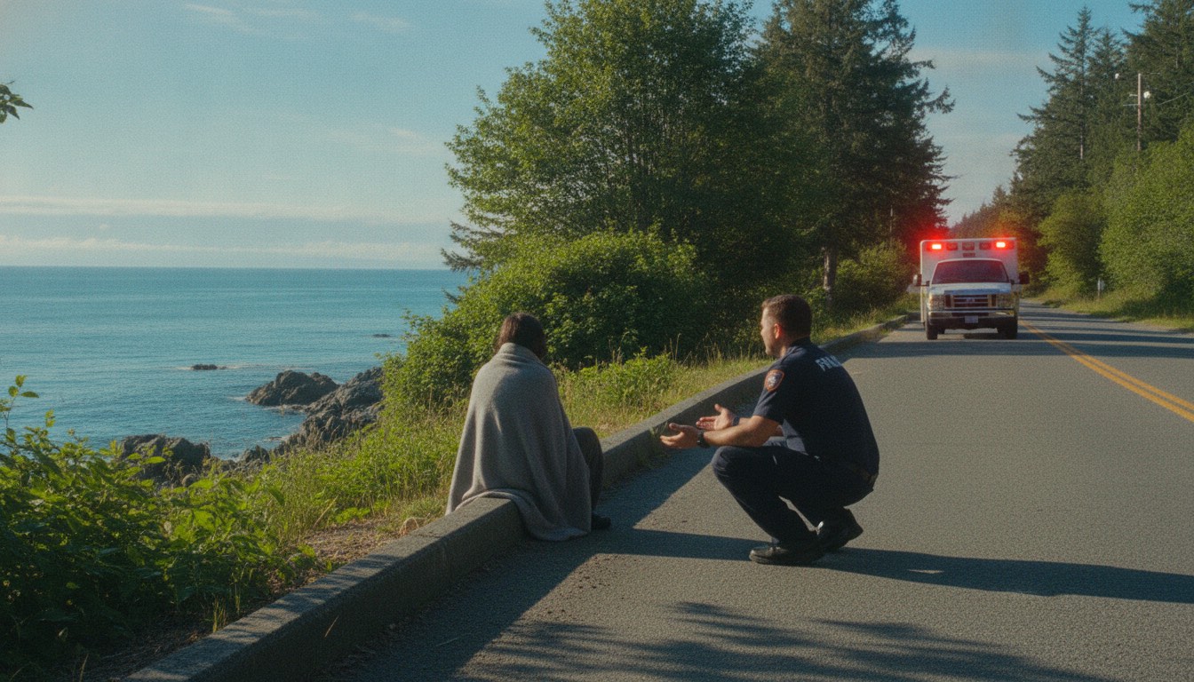 A paramedic crouched at a respectful distance from a person wrapped in a blanket on a curb