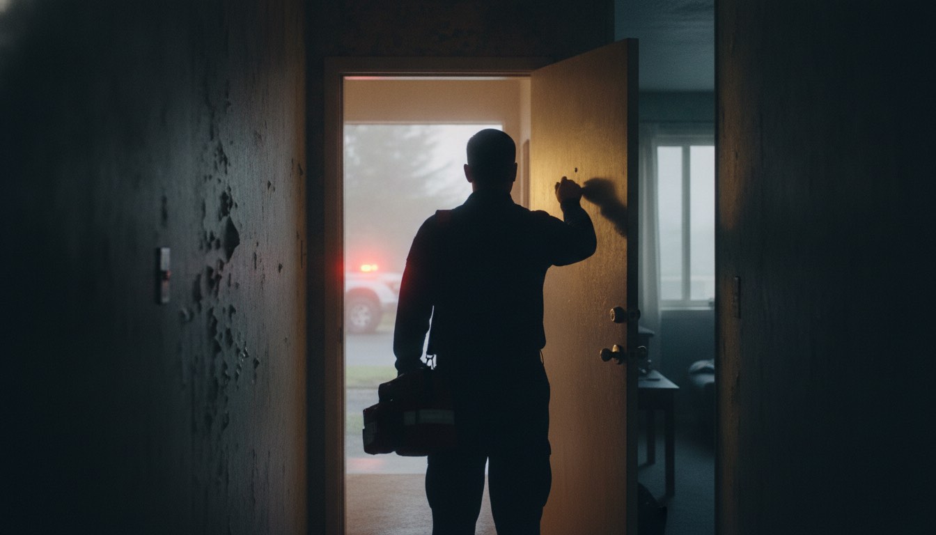 A paramedic pausing to knock at a half-open apartment door, hallway dim beyond