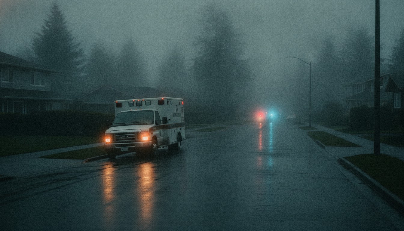 An ambulance staged on a foggy residential street at night, police lights in the distance